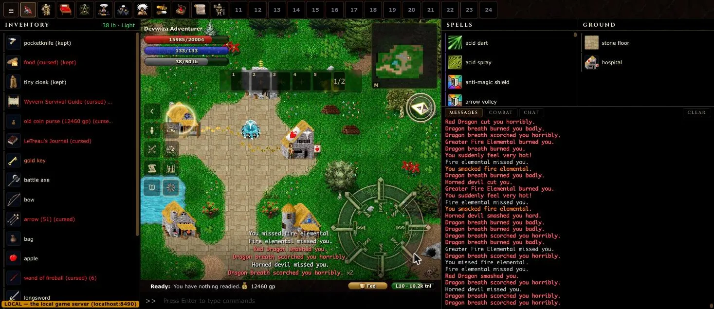 The full game interface: map, inventory, and chat