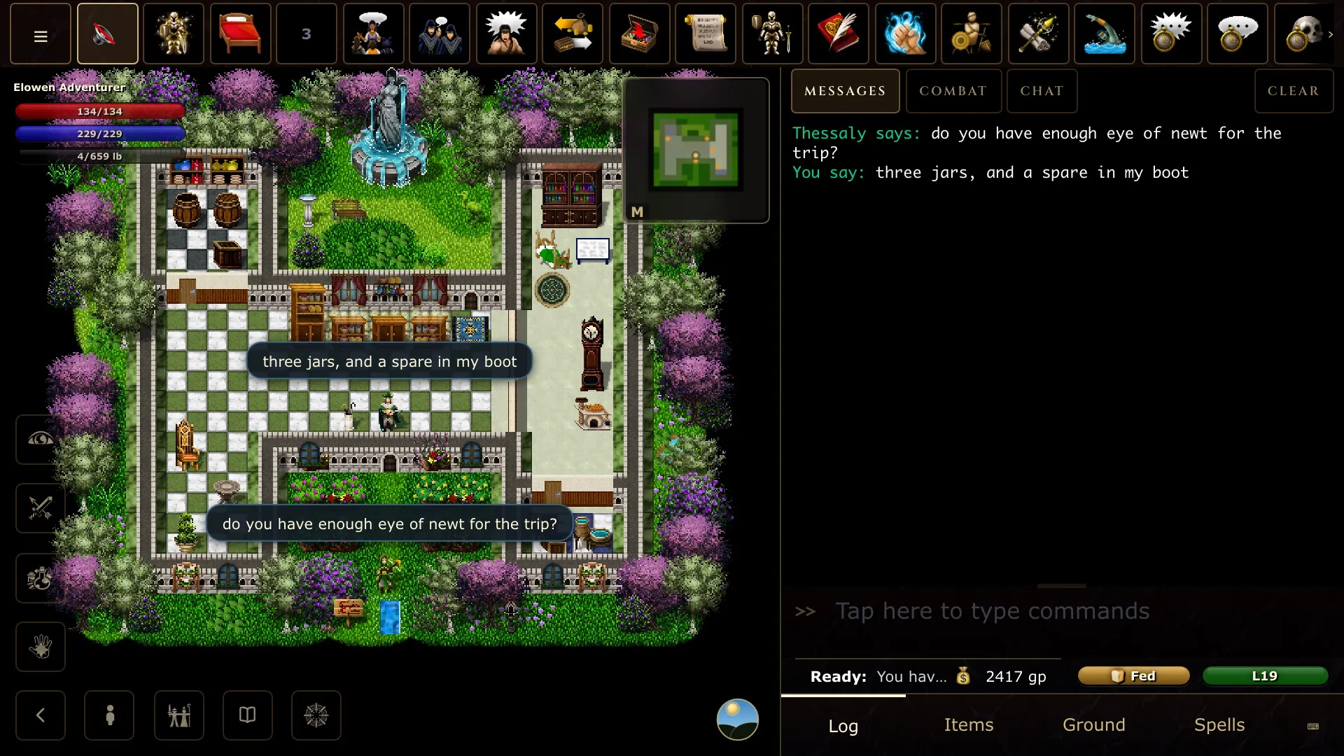 The full game interface: map, chat, and side panel in a high-elf town square